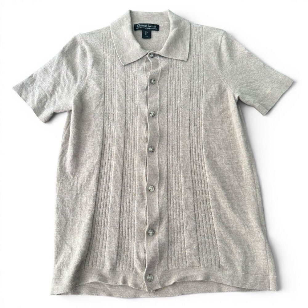 Christian LaCroix 100% Merino Knit Button Up Polo Men Large Beige Sweater Shirt